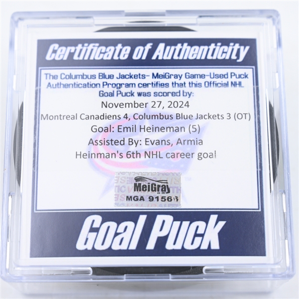 Emil Heineman - Montreal Canadiens - Goal Puck - November 27, 2024 vs. Columbus Blue Jackets (Blue Jackets Logo)
