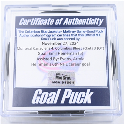 Emil Heineman - Montreal Canadiens - Goal Puck - November 27, 2024 vs. Columbus Blue Jackets (Blue Jackets Logo)