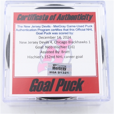 Nico Hischier - New Jersey Devils - Goal Puck - December 14, 2024 vs. Chicago Blackhawks (Devils Logo)