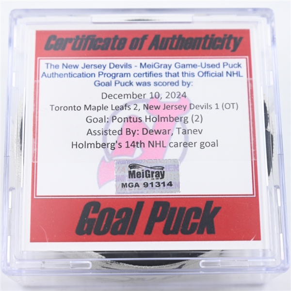 Pontus Holmberg - Toronto Maple Leafs - Goal Puck - December 10, 2024 vs. New Jersey Devils (Devils Logo)