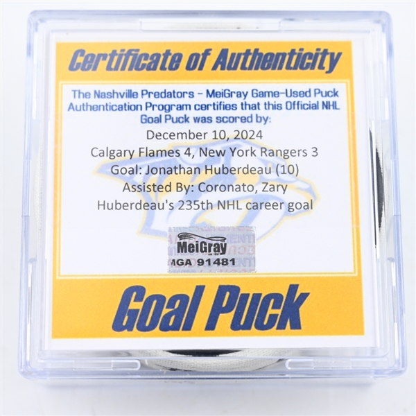 Jonathan Huberdeau - Calgary Flames - Goal Puck - December 10, 2024 vs. Nashville Predators (Predators Logo)