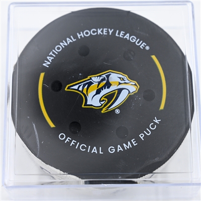 Jonathan Huberdeau - Calgary Flames - Goal Puck - December 10, 2024 vs. Nashville Predators (Predators Logo)