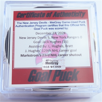 Jack Hughes - New Jersey Devils - Goal Puck - December 23, 2024 vs. New York Rangers (Devils Logo)