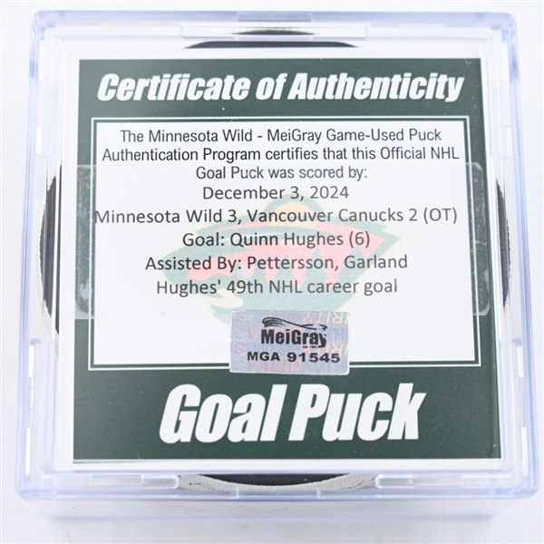 Quinn Hughes - Vancouver Canucks - Goal Puck - December 3, 2024 vs. Minnesota Wild (Wild Logo)