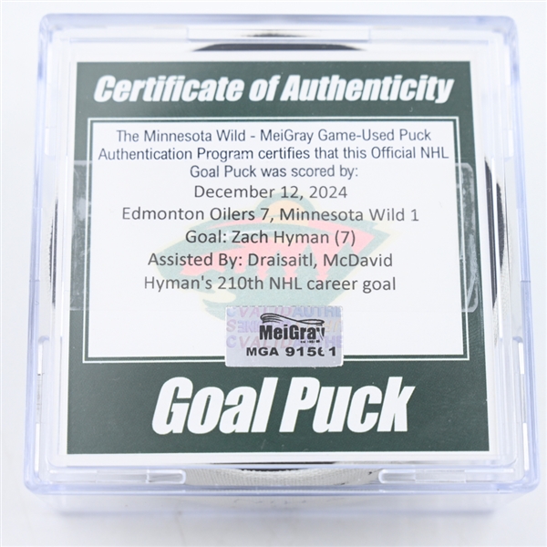 Zach Hyman - Edmonton Oilers - Goal Puck - December 12, 2024 vs. Minnesota Wild (Wild Logo)