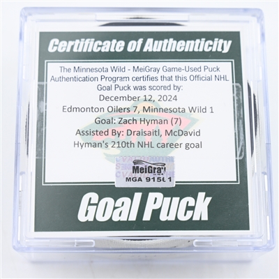 Zach Hyman - Edmonton Oilers - Goal Puck - December 12, 2024 vs. Minnesota Wild (Wild Logo)