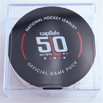 Seth Jarvis - Carolina Hurricanes - Goal Puck - December 20, 2024 vs. Washington Capitals (Capitals' 50th Anniversary Logo)