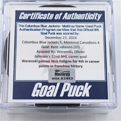 Kent Johnson - Columbus Blue Jackets - Goal Puck - December 23, 2024 vs. Montreal Canadiens (Blue Jackets Logo)