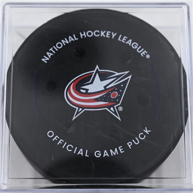 Kent Johnson - Columbus Blue Jackets - Goal Puck - December 23, 2024 vs. Montreal Canadiens (Blue Jackets Logo)