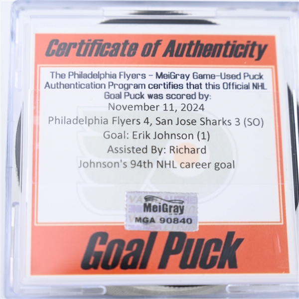 Erik Johnson - Philadelphia Flyers - Goal Puck - November 11, 2024 vs. San Jose Sharks (Flyers Logo)