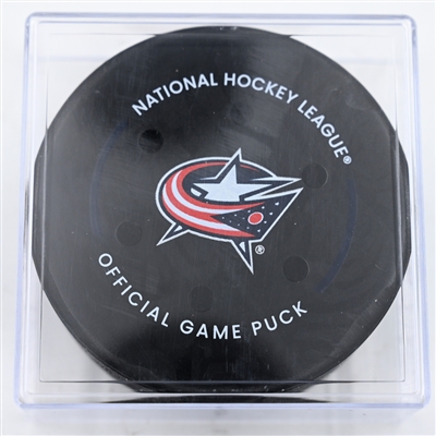 Kent Johnson - Columbus Blue Jackets - Goal Puck - November 29, 2024 vs. Calgary Flames (Blue Jackets Logo)