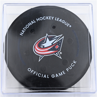 Kent Johnson - Columbus Blue Jackets - Goal Puck - December 10, 2024 vs. Philadelphia Flyers (Blue Jackets Logo)