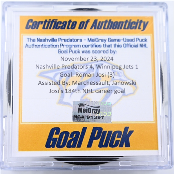 Roman Josi - Nashville Predators - Goal Puck - November 23, 2024 vs. Winnipeg Jets (Predators Logo)