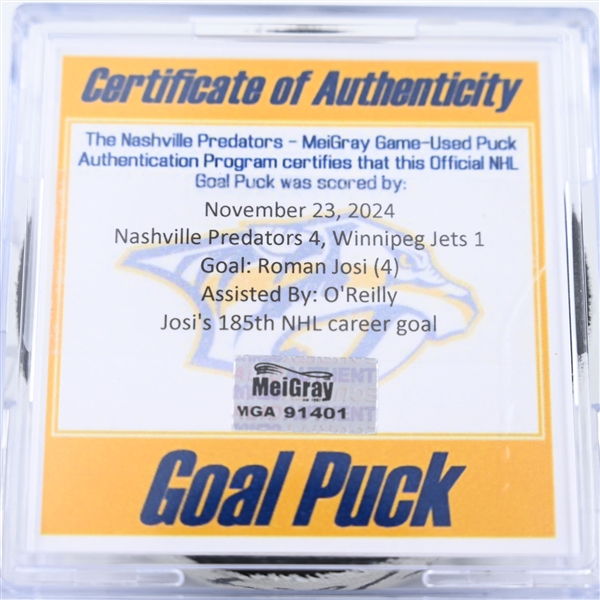 Roman Josi - Nashville Predators - Goal Puck - November 23, 2024 vs. Winnipeg Jets (Predators Logo)