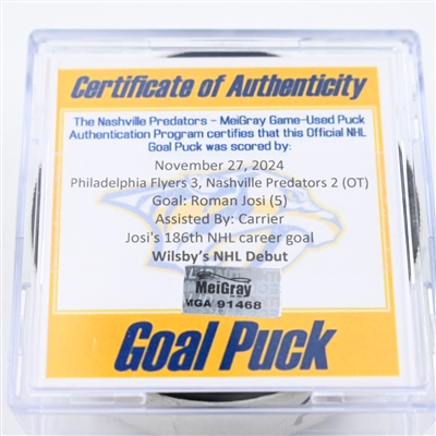 Roman Josi - Nashville Predators - Goal Puck - November 27, 2024 vs. Philadelphia Flyers (Predators Logo)