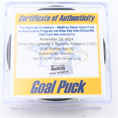 Roman Josi - Nashville Predators - Goal Puck - November 29, 2024 vs. Tampa Bay Lightning (Predators Logo)