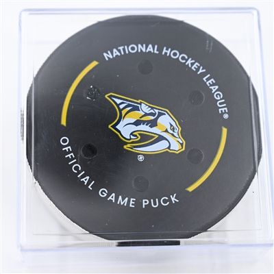 Nazem Kadri - Calgary Flames - Goal Puck - December 10, 2024 vs. Nashville Predators (Predators Logo)