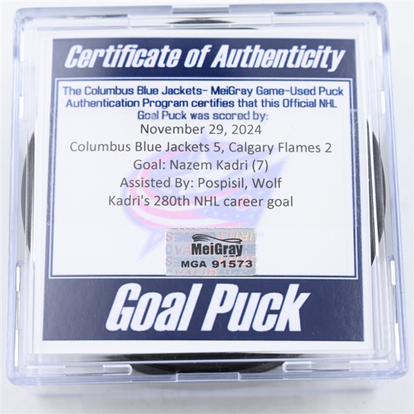 Nazem Kadri - Calgary Flames - Goal Puck - November 29, 2024 vs. Columbus Blue Jackets (Blue Jackets Logo)