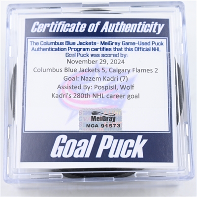 Nazem Kadri - Calgary Flames - Goal Puck - November 29, 2024 vs. Columbus Blue Jackets (Blue Jackets Logo)