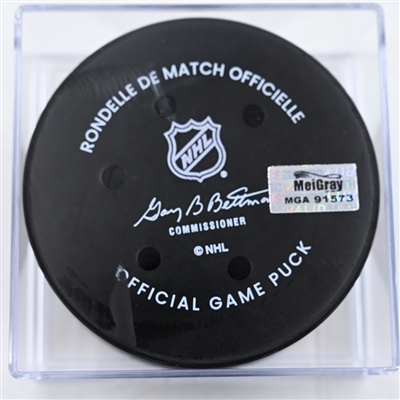 Nazem Kadri - Calgary Flames - Goal Puck - November 29, 2024 vs. Columbus Blue Jackets (Blue Jackets Logo)