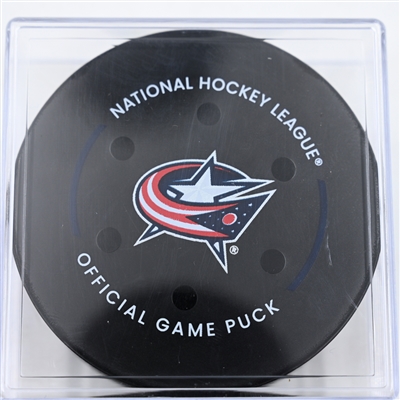 Nazem Kadri - Calgary Flames - Goal Puck - November 29, 2024 vs. Columbus Blue Jackets (Blue Jackets Logo)