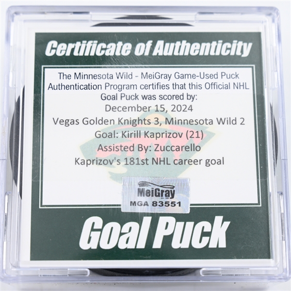 Kirill Kaprizov - Minnesota Wild - Goal Puck - December 15, 2024 vs. Vegas Golden Knights (Wild Logo)