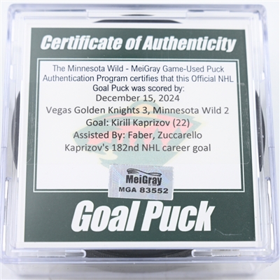 Kirill Kaprizov - Minnesota Wild - Goal Puck - December 15, 2024 vs. Vegas Golden Knights (Wild Logo)