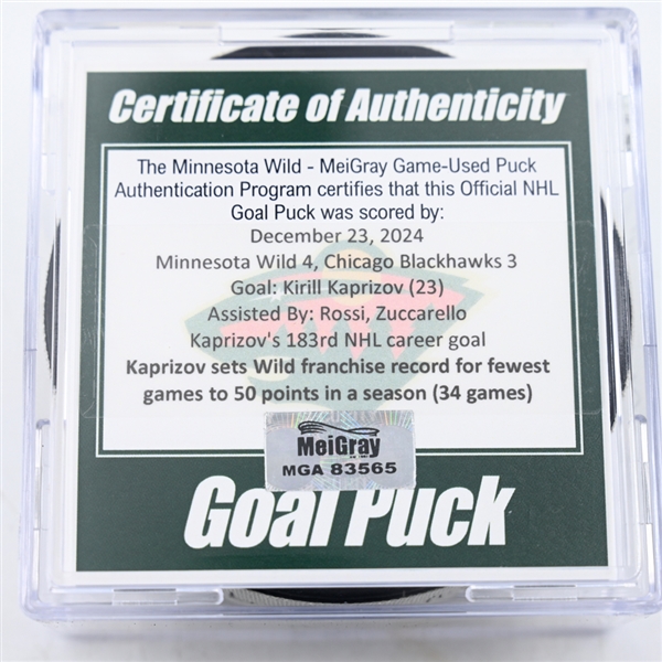 Kirill Kaprizov - Minnesota Wild - Goal Puck - December 23, 2024 vs. Chicago Blackhawks (Wild Logo)