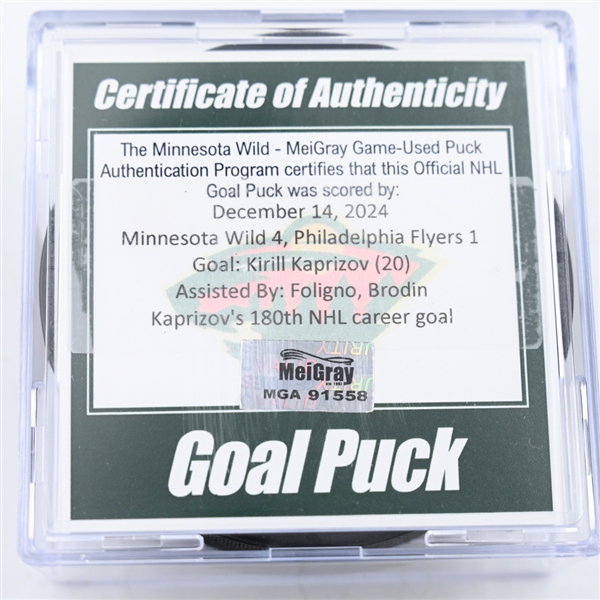 Kirill Kaprizov - Minnesota Wild - Goal Puck - December 14, 2024 vs. Philadelphia Flyers (Wild Logo)