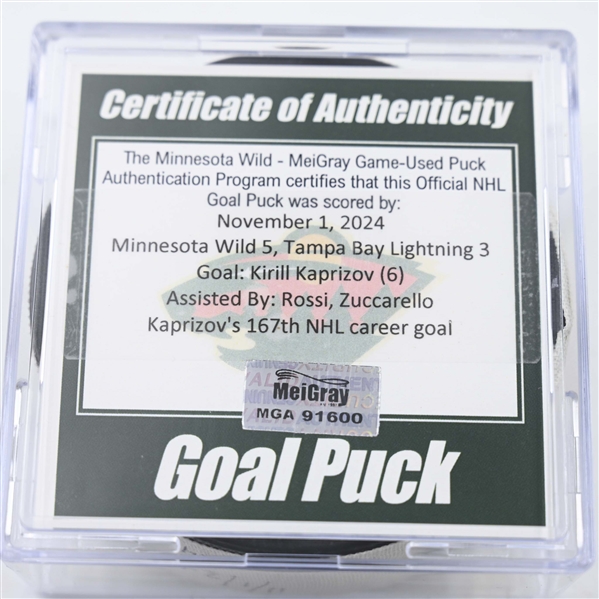 Kirill Kaprizov - Minnesota Wild - Goal Puck - November  1, 2024 vs. Tampa Bay Lightning (Wild Logo)