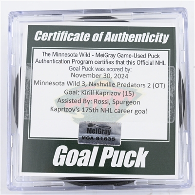 Kirill Kaprizov - Minnesota Wild - Goal Puck - November 30, 2024 vs. Nashville Predators (Wild Logo)