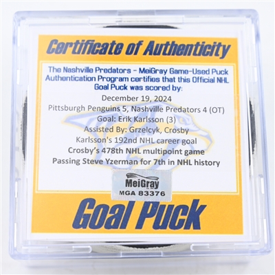 Erik Karlsson - Pittsburgh Penguins - Goal Puck - December 19, 2024 vs. Nashville Predators (Predators Logo)