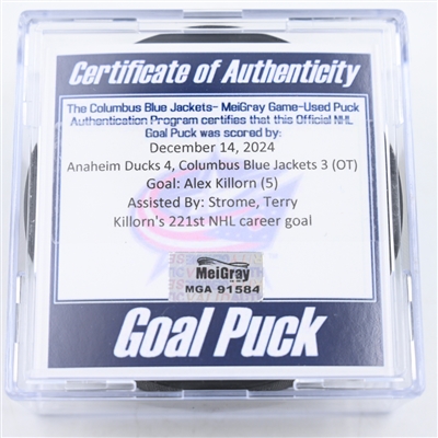 Alex Killorn - Anaheim Ducks - Goal Puck - December 14, 2024 vs. Columbus Blue Jackets (Blue Jackets Logo)