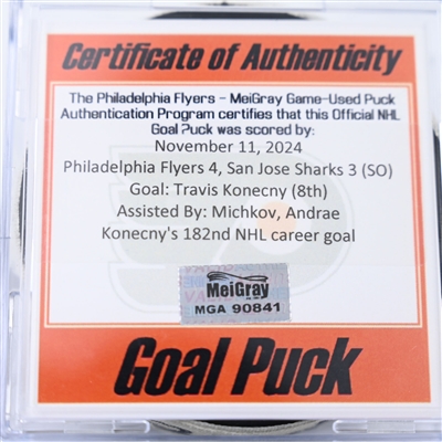 Travis Konecny - Philadelphia Flyers - Goal Puck - November 11, 2024 vs. San Jose Sharks (Flyers Logo)