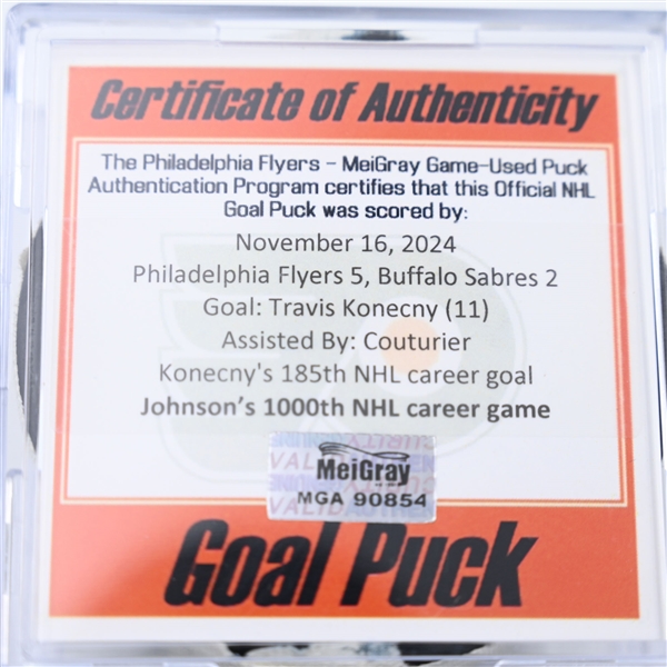 Travis Konecny - Philadelphia Flyers - Goal Puck - November 16, 2024 vs. Buffalo Sabres (Flyers Logo)