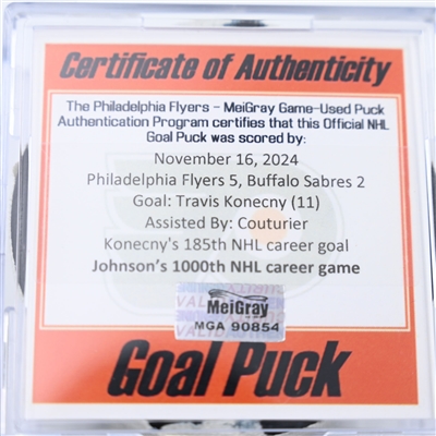 Travis Konecny - Philadelphia Flyers - Goal Puck - November 16, 2024 vs. Buffalo Sabres (Flyers Logo)