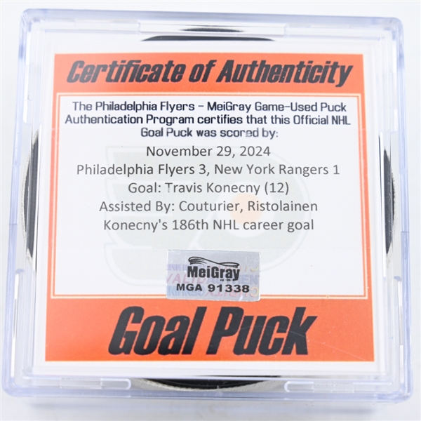 Travis Konecny - Philadelphia Flyers - Goal Puck - November 29, 2024 vs. New York Rangers (Flyers Logo)