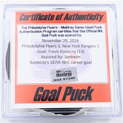 Travis Konecny - Philadelphia Flyers - Goal Puck - November 29, 2024 vs. New York Rangers (Flyers Logo)