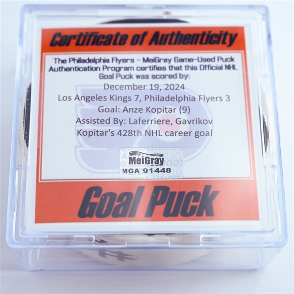 Anze Kopitar - Los Angeles Kings - Goal Puck - December 19, 2024 vs. Philadelphia Flyers (Flyers Logo)