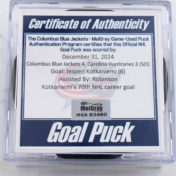 Jesperi Kotkaniemi - Carolina Hurricanes - Goal Puck - December 31, 2024 vs. Columbus Blue Jackets (Blue Jackets Logo)