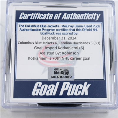 Jesperi Kotkaniemi - Carolina Hurricanes - Goal Puck - December 31, 2024 vs. Columbus Blue Jackets (Blue Jackets Logo)