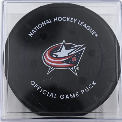 Jesperi Kotkaniemi - Carolina Hurricanes - Goal Puck - December 31, 2024 vs. Columbus Blue Jackets (Blue Jackets Logo)