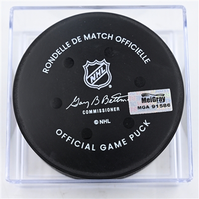 Jackson LaCombe - Anaheim Ducks - Goal Puck - December 14, 2024 vs. Columbus Blue Jackets (Blue Jackets Logo)