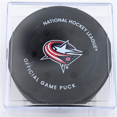 Jackson LaCombe - Anaheim Ducks - Goal Puck - December 14, 2024 vs. Columbus Blue Jackets (Blue Jackets Logo)