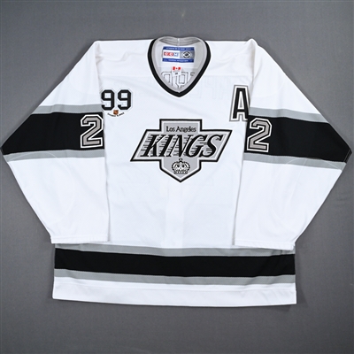 Ian Laperriere - Game-Worn White Throwback Jersey w/A, w/ Wayne Gretzky #99 Retirement Night Patch - 10/9/02 - 3rd Period