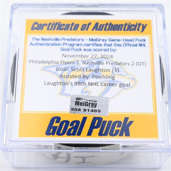 Scott Laughton - Philadelphia Flyers - Goal Puck - November 27, 2024 vs. Nashville Predators (Predators Logo)