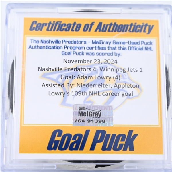 Adam Lowry - Winnipeg Jets - Goal Puck - November 23, 2024 vs. Nashville Predators (Predators Logo)