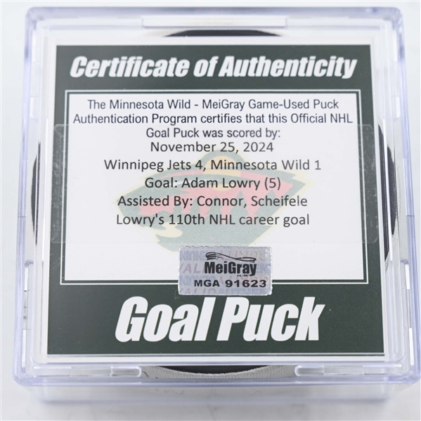 Adam Lowry - Winnipeg Jets - Goal Puck - November 25, 2024 vs. Minnesota Wild (Wild Logo)