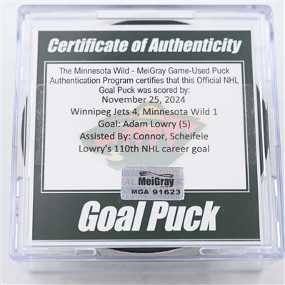 Adam Lowry - Winnipeg Jets - Goal Puck - November 25, 2024 vs. Minnesota Wild (Wild Logo)