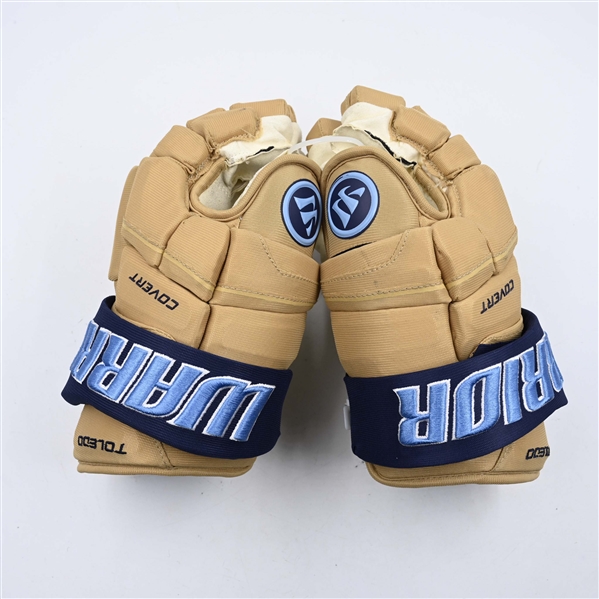 C.J. Hayes - Toledo Walleye - Game-Worn Cream, Warrior Covert Gloves - 2025 Warrior/ECHL Hockey Heritage Classic - Worn January 18, 2025 - Autographed